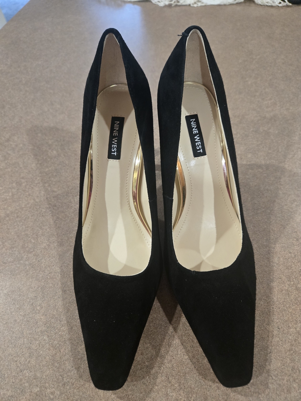 Nine West Black Suede Pointed Toe Pumps with Gold Insole Trim